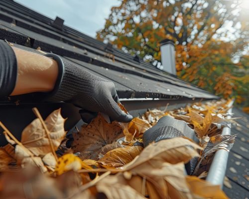 A person is reaching into a gutter to remove leaves A person is reaching into a gutter to remove leaves. The leaves are brown and scattered throughout the gutter
